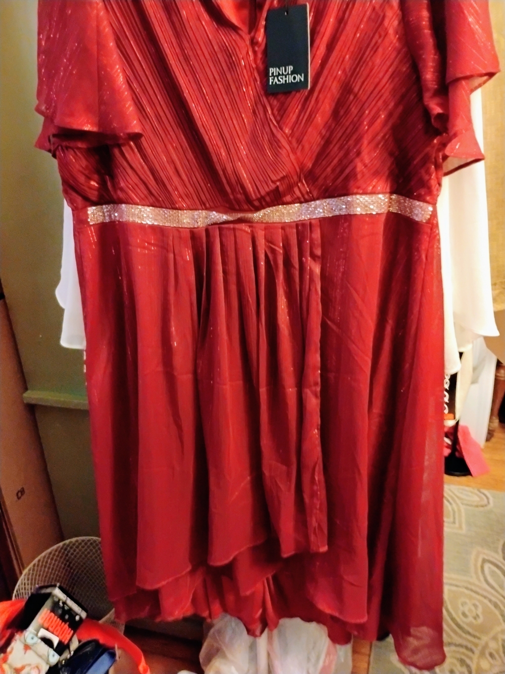 Red High-Low Evening Dress with Sparkle Waist